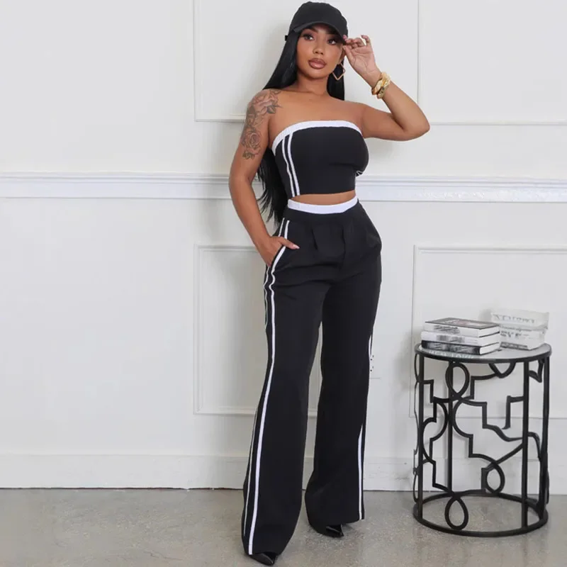 

Active Wear Striped 2 Pieces Set for Woman Sporty Fitness Strapless Crop Top and Sweatpants Matching Sets Workout Casual Outfits