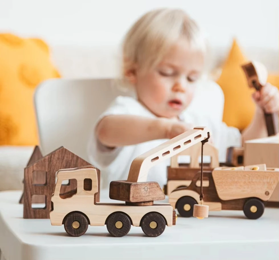 Handmade wooden construction toy excavator set custom baby birthday gift first Christmas children pretend to play