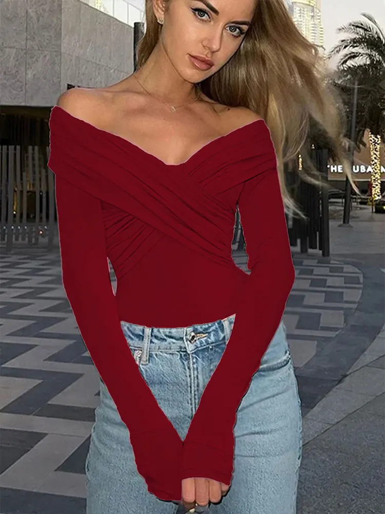Red Sexy Off Shoulder Women's Bodysuits Fashion Crossed Folds Skinny Rompers Long Sleeve Fashion Streetwear Autumn Bodysuits New image 6