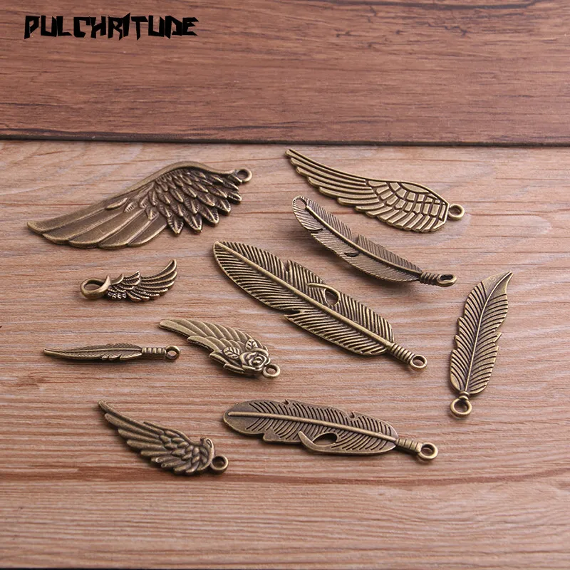 10 Styles Vintage Bronze Metal Small Big Wings Feather Charms For Jewelry Making Diy Zinc Alloy Mix Animal Pendant