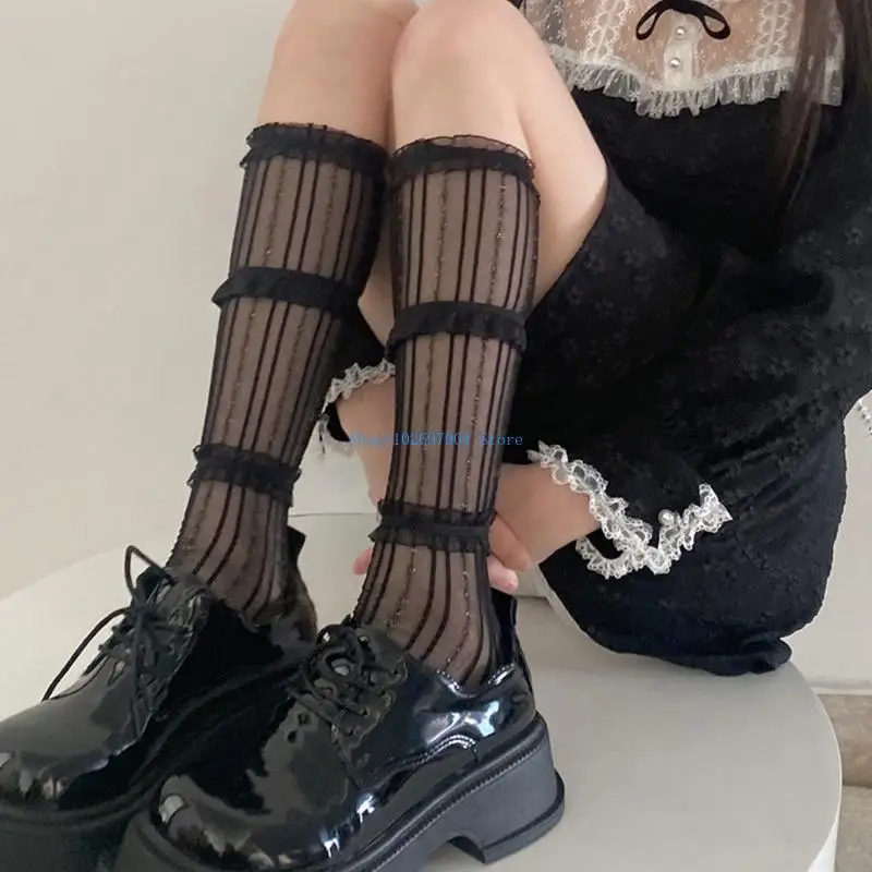 

N7YF Layered Lace Stockings Womens Lovely Under Knee Stockings Sexy Lace Solid Color Long Stockings for Girls Teens