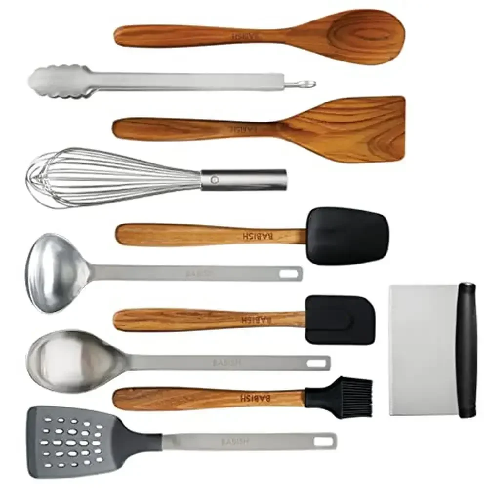 

11-Piece Teak Wood Silicone & Stainless Steel Cookware Tool Set Kitchen Essentials Nonstick Cookware Eco-Friendly Ergonomic