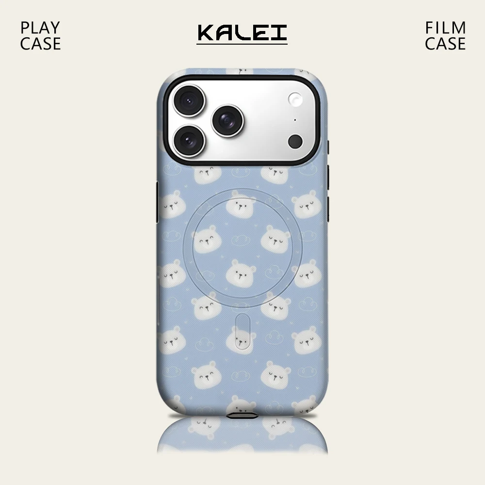 Hellblauer Hintergrund, weißer Bär, Handyhülle für iPhone 17, 16, 15, 14, 13, Pro Max Plus, für magnetische, einzelne, doppelschichtige, robuste Hülle