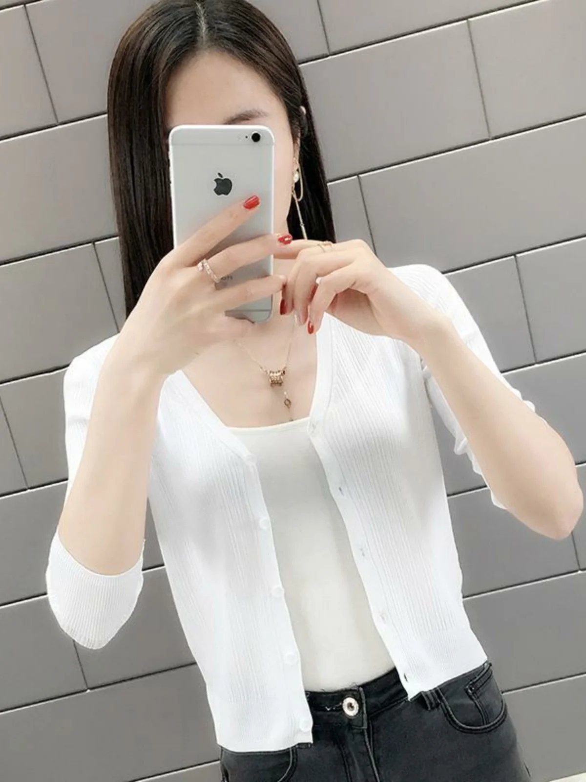 Cardigan ort de malha de seda gelada feminino verão fino agasalhos saia de ar condicionado combinando pequeno Jaet V-ne nove pontos...