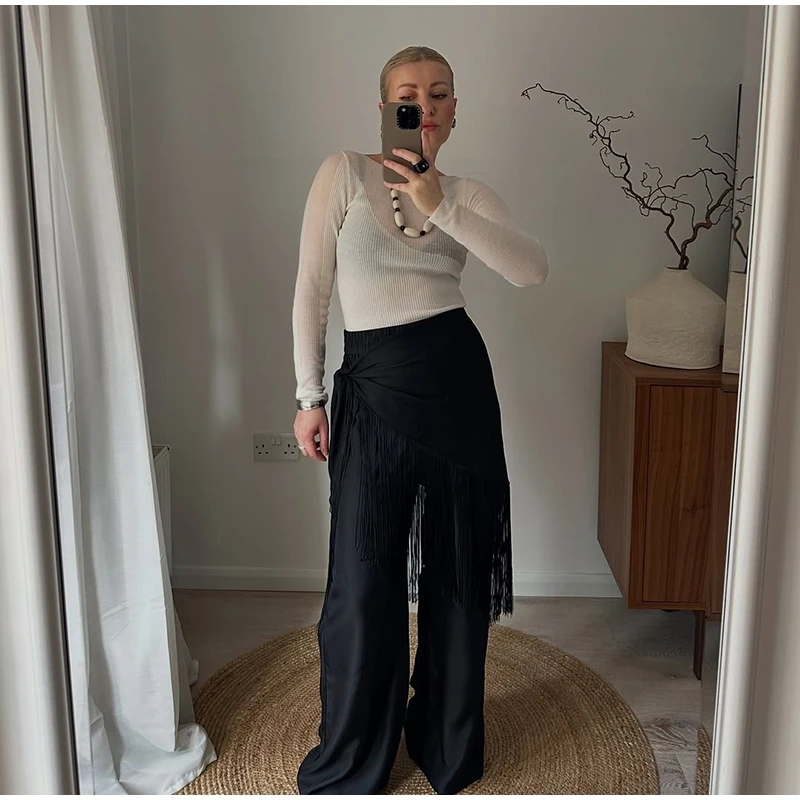 Fringe Wrap Skirt Solid Tie Waist Boho Style Elegant Women Fashion All-match Mini Skirts 2026 Party Chic Casual Vacation Outfit