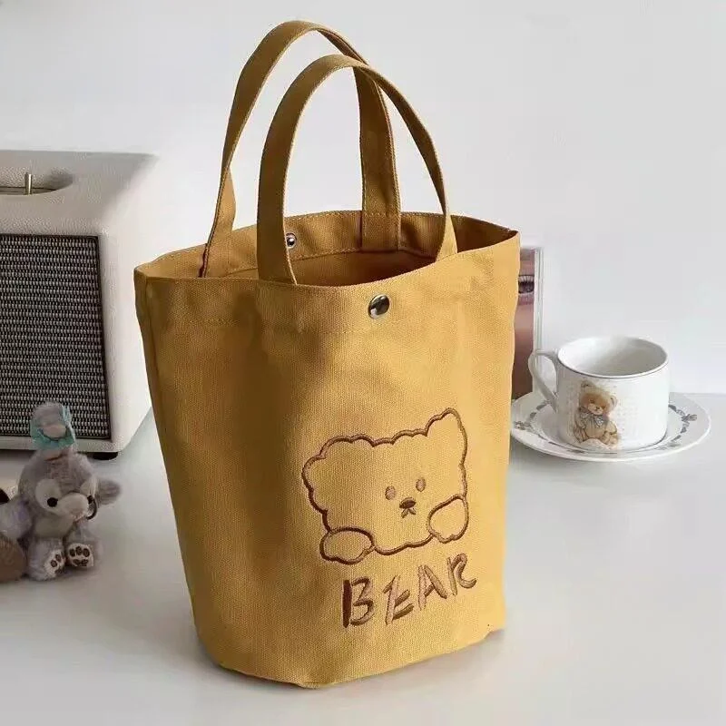 Simple Canvas Tea Cup Bag Bucket Style Handbag Small Capacity Artistic Bento Lunch Box Bag Unisex Portable Beverage Cover
