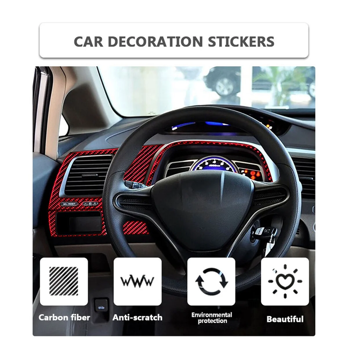 

7Pcs for Honda Civic 8Th 2006-2011 Red Carbon Fiber Dashboard Kit Cover Trim-A51K