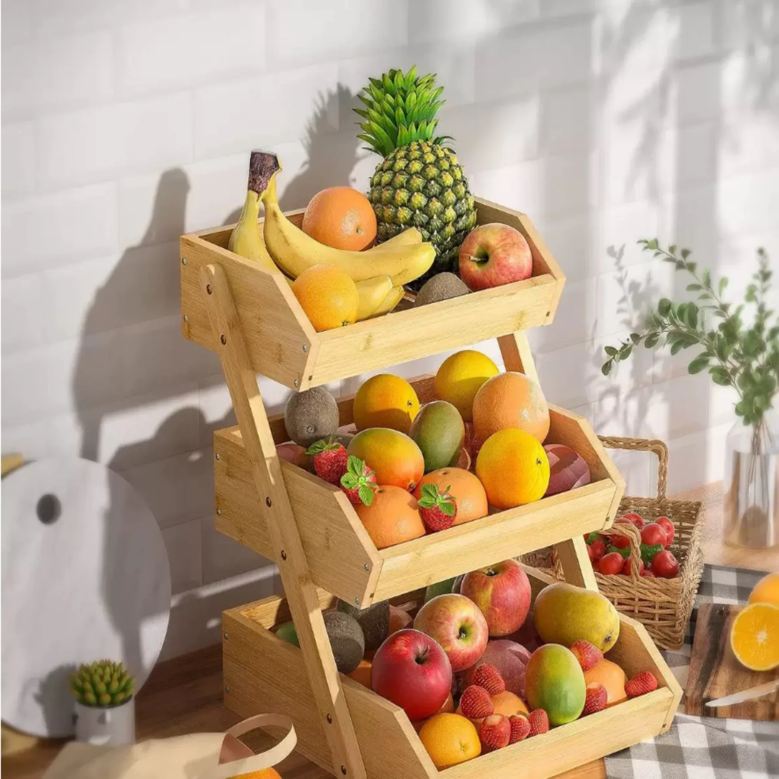 3 Tiers Plant Stand Bamboo Kitchen Tabletop Vegetable and Fruit Drain Storage Sasket Plant Flower Pot Holder Desktop Storage view 4