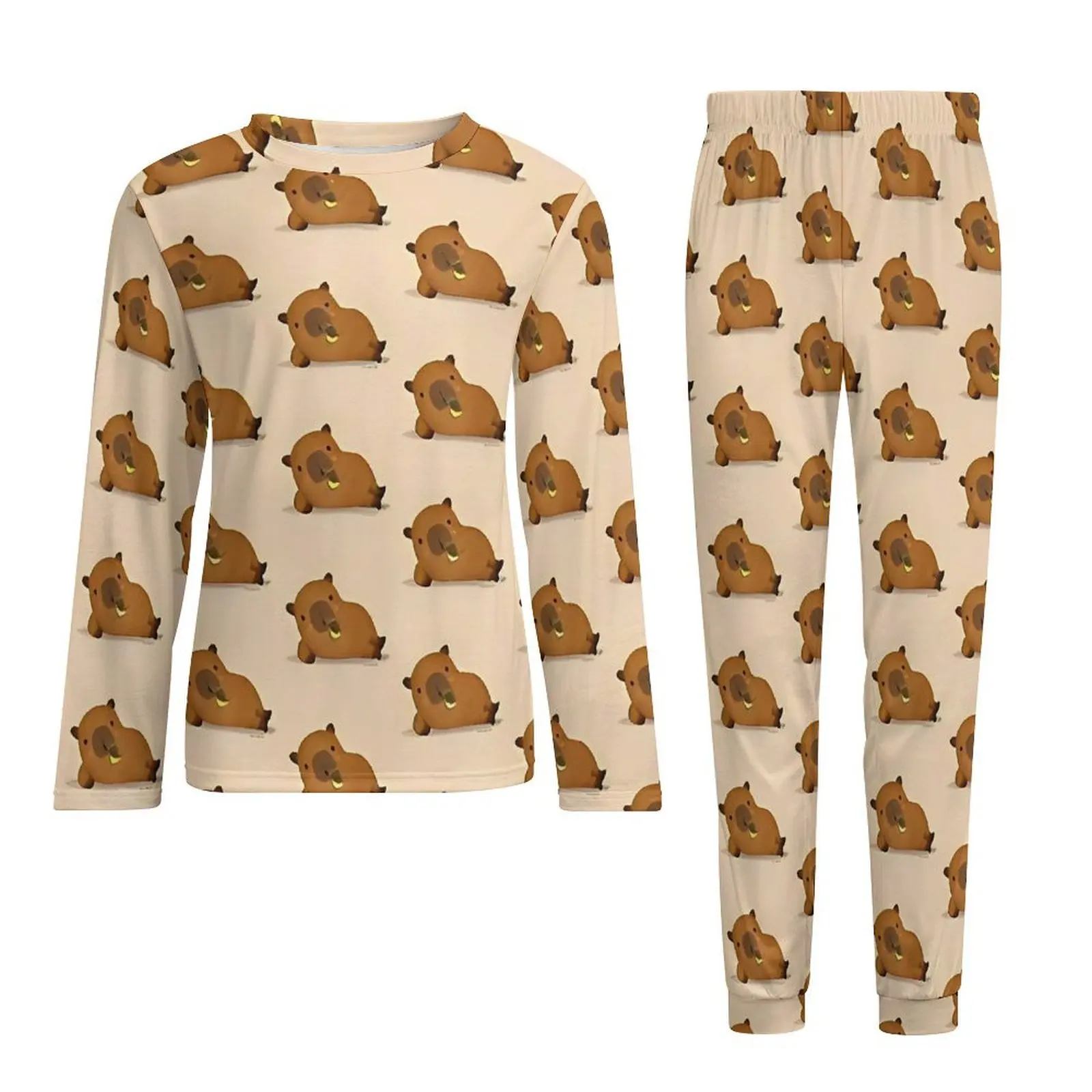 Capybara Drinking Juice Pyjamas Frühling 2-teiliges süßes Tier cooles Pyjama-Set Mann Langarm ästhetische individuelle Nachtwäsche 4XL 5XL