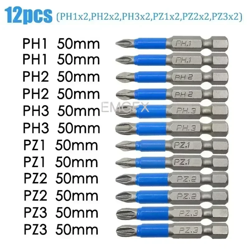 12 Stück rutsch feste pz1/pz2/pz3 Schraubendreher-Bit-Sets für Bohr magnet s2 Schrauben dreher aus legiertem Stahl mit elektrischem Aufprall 50/25mm