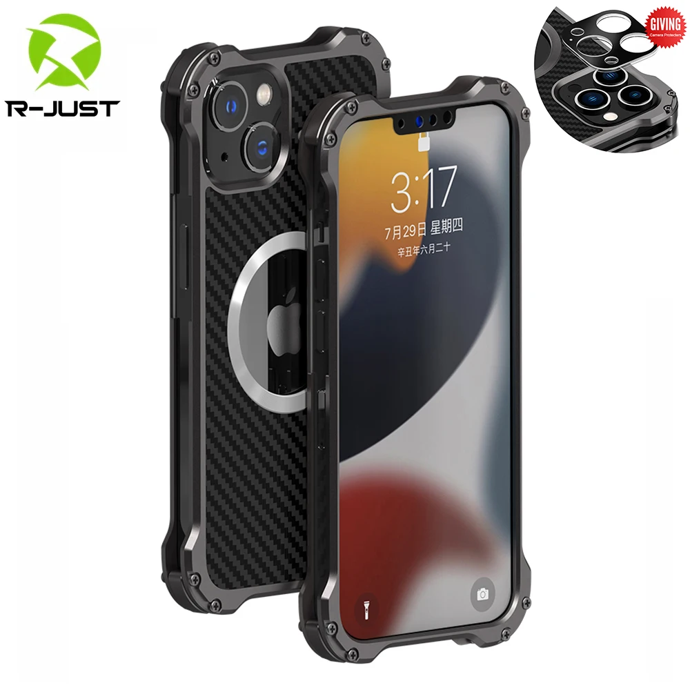 Original R-JUST Carbon Fiber Case For iphone 13 Pro Max Cover Ultra Thin 13 Mini 12 Pro Metal Bumper Funda Skin Lens Protection