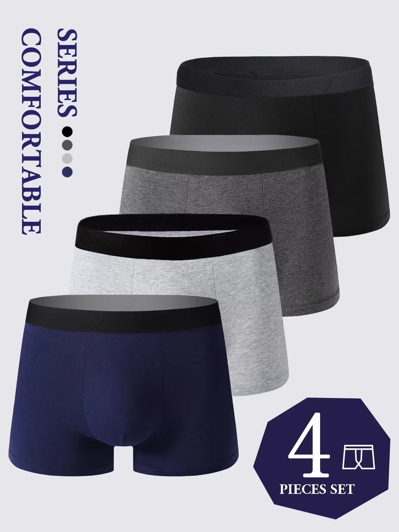 4Pcs Set Men's Boxer Shorts Soft Breathable Comfortable Loose Trendy Fashionable Underwear Solid Color Suitable Leisure Sports