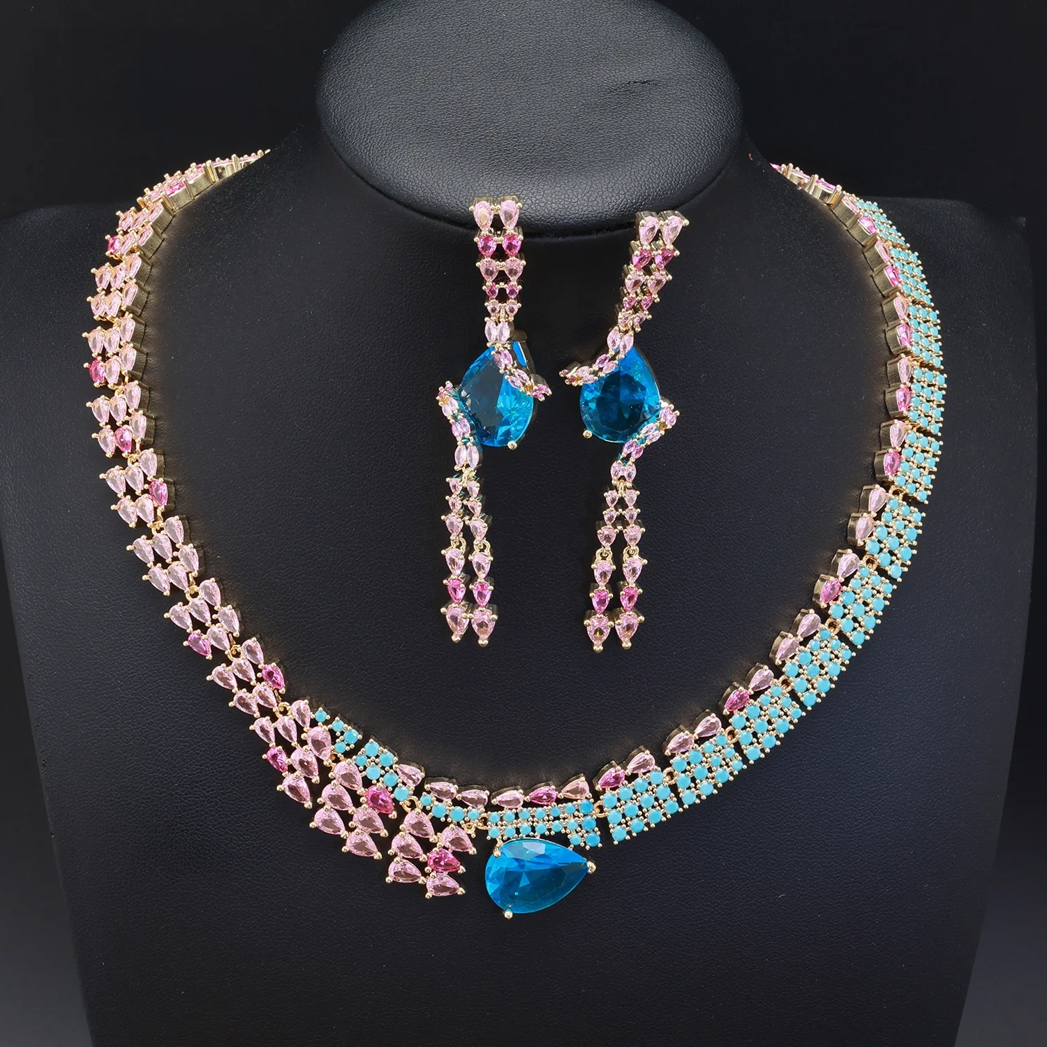 Women Bridal Wedding Jewelry Set, Pink Blue Color Contrast Teardrop Cubic Zirconia Pendant Necklace and Earrings, Light Luxury E