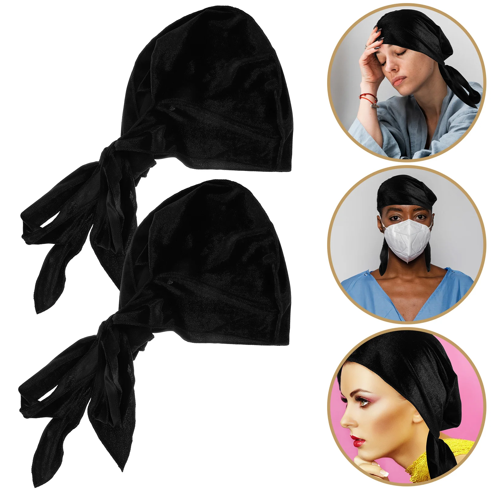 

2pcs Long Tail Pirate Hat Head Scarf Bonnet Elastic Turban Cap For Women Hair Loss Chemo Comfortable Durable Wide Strap Headwrap