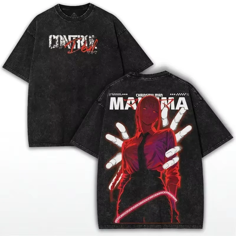 Image of 2026 Anime Chainsaw Man Makima Bedrucktes T-Shirt für Herren und Damen, gewaschenes T-Shirt, hochwertiges Vintage-Baumwoll-T-Shirt, Harajuku-Oberteil