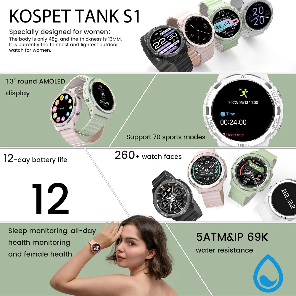 2024 Smart zegarki KOSPET TANK S1 AOD damskie amolowane zegarki IP69K wodoodporne Bluetooth Call Sport Electronic Smartwatch Men