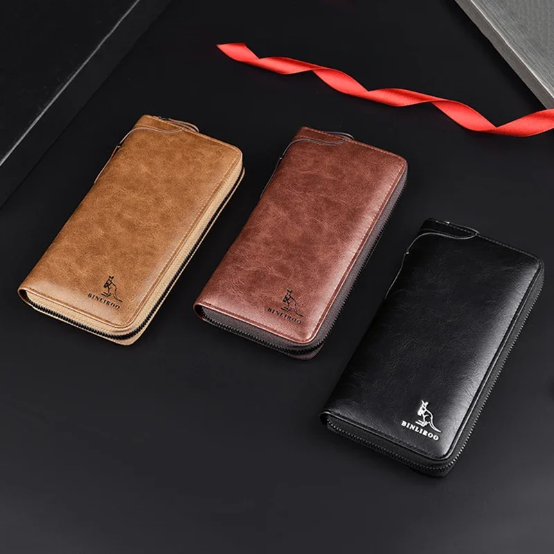 High Quality Men's Long Zipper Pu Leather Wallet for Man RFID Blocking Business Blue Clutch Bag Credit Card Holder Purse Wallets