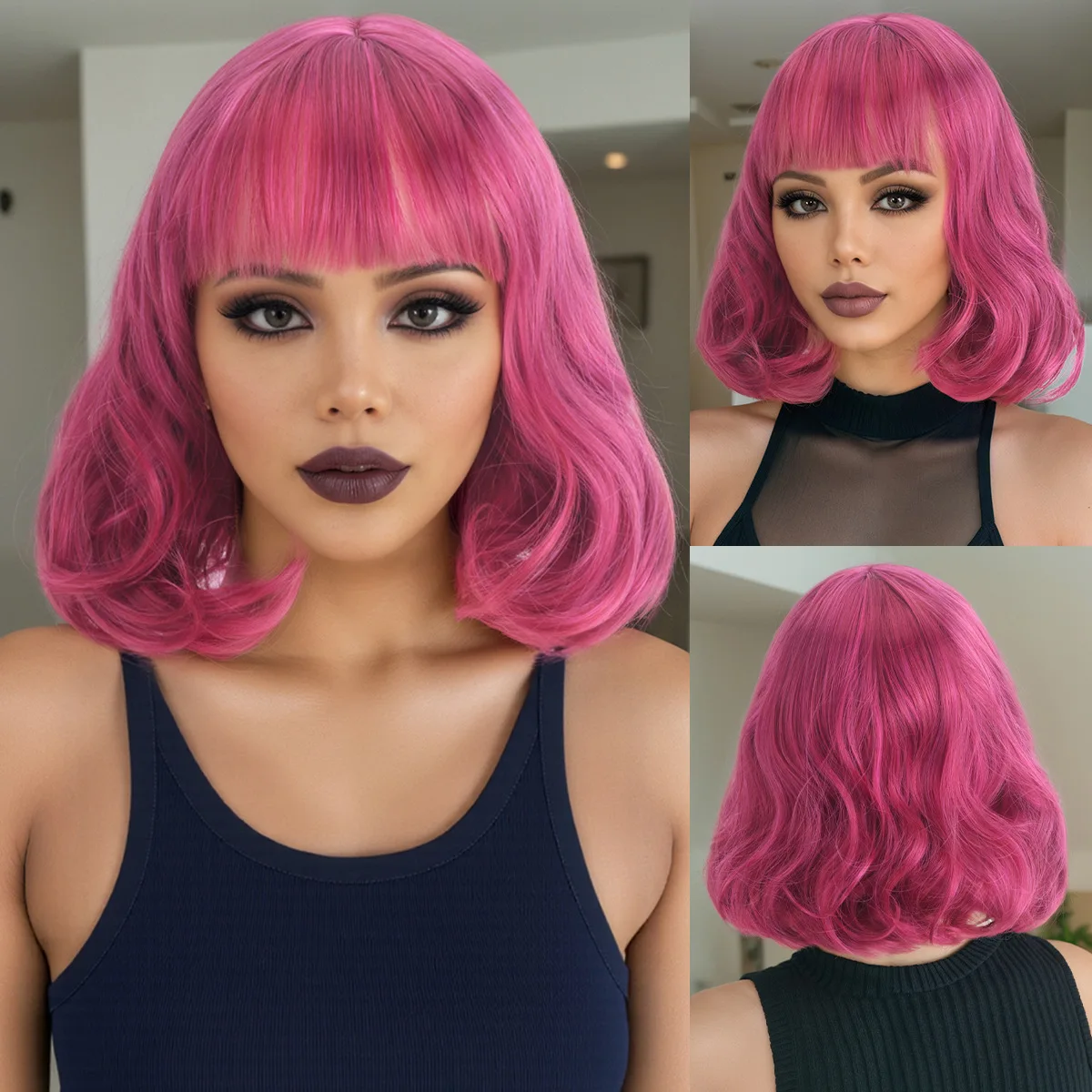 

Wig European and American women bangs short curly hair burgundy shoulder-length collarbone hair popular fashion short hair
