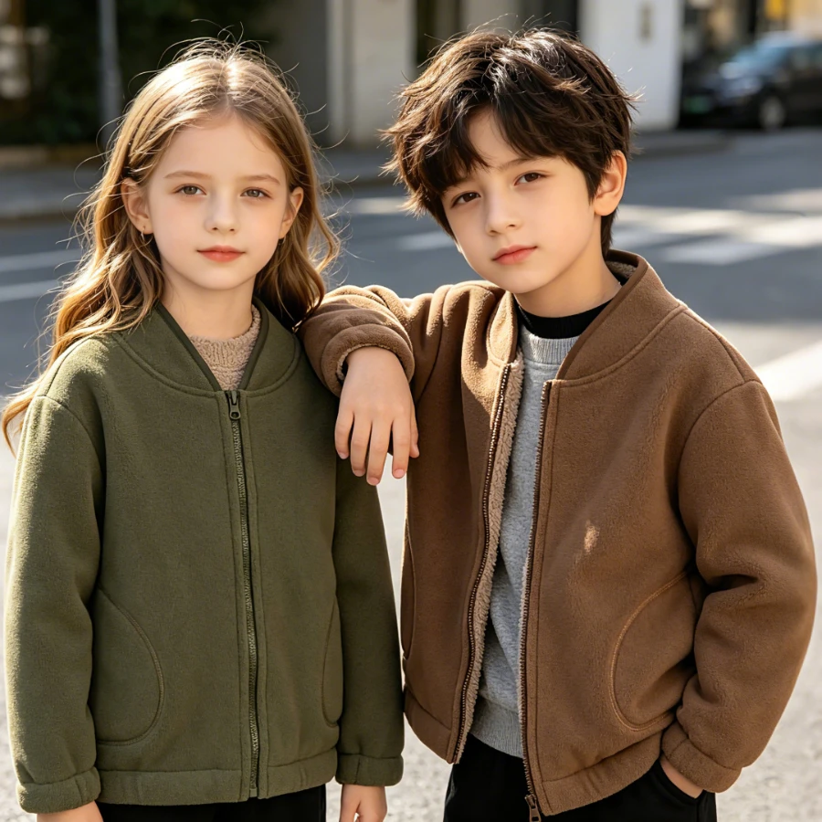 

Fall Winter Fleece Zip Jacket Teen Kids Crew Neck Oat Camel Color Double Lined Windproof Warm Casual Outerwear Boys Girls 2-12Y