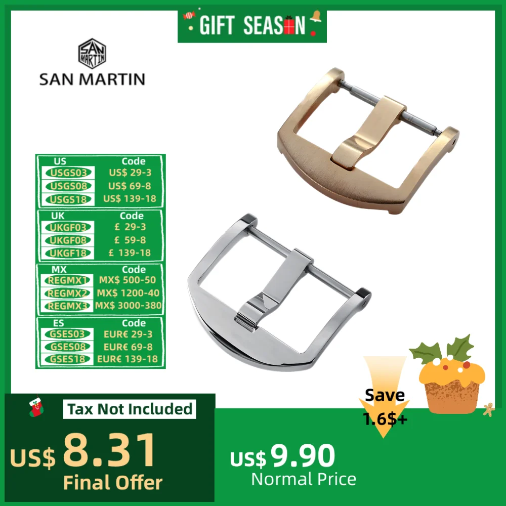 San Martin Watch Band Buckle 20mm 316L Stainless Steel Watchband Silver Bronze Brushed Polished Watch Parts Clasp Accessories