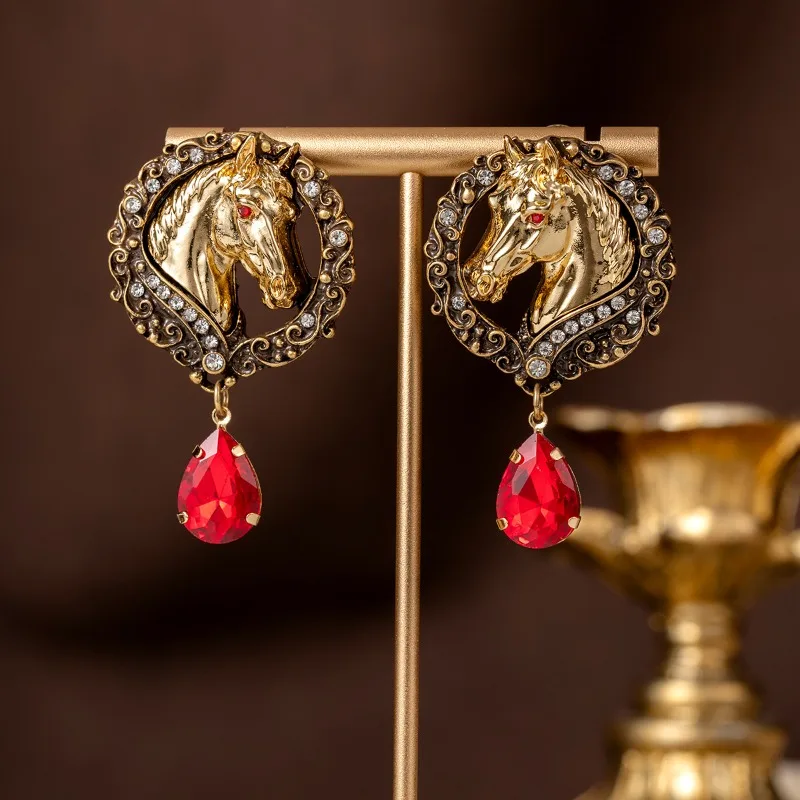 2026 Hot Horse Head Water Drop Tassel Earrings Diamond Inlaid Elegant Women Jewelry