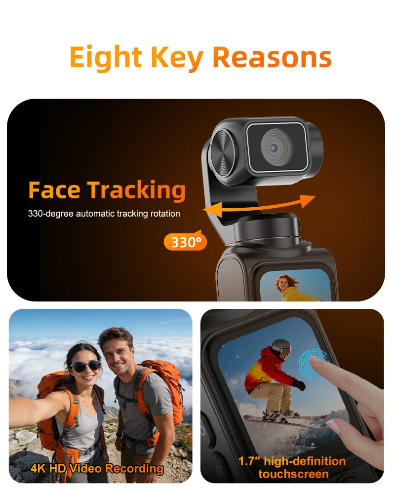 Ourlife 4K Pocket Action-Kamera 330 ° Auto-Rotierende Sportkamera mit Touchscreen, Gesichtsverfolgung und tragbarem Vlog-Videorekorder – Detail 2