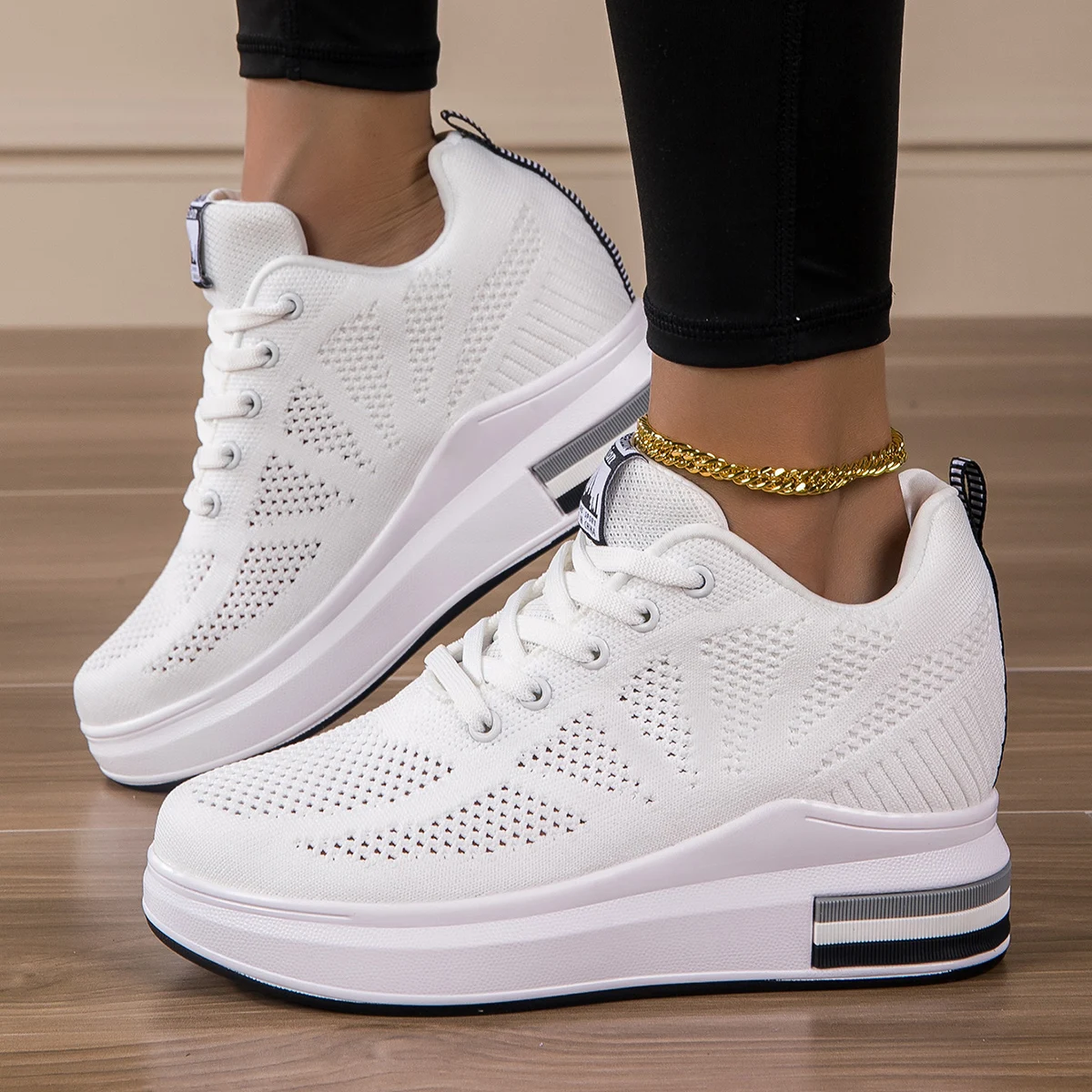 Women Height Increasing Shoes Fashion Comfortable Outdoor White Breathable Mesh Sneakers 2024 New Female High Platform Shoes