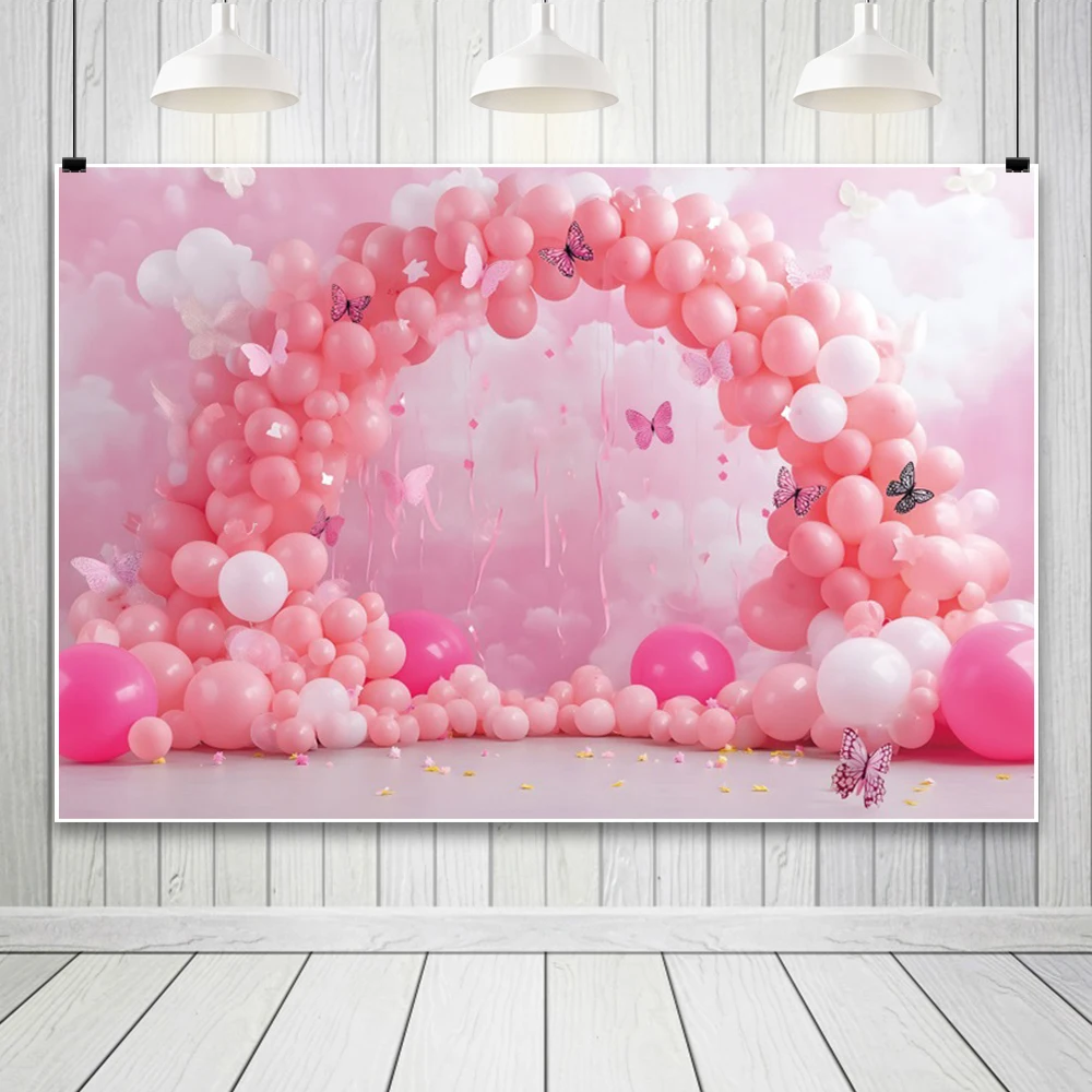 Pink Photography Background Balloon Arch Butterfly Cloud Backdrop Cloth Birthday Wedding Decoration Maternity Dresses Photoshoot
