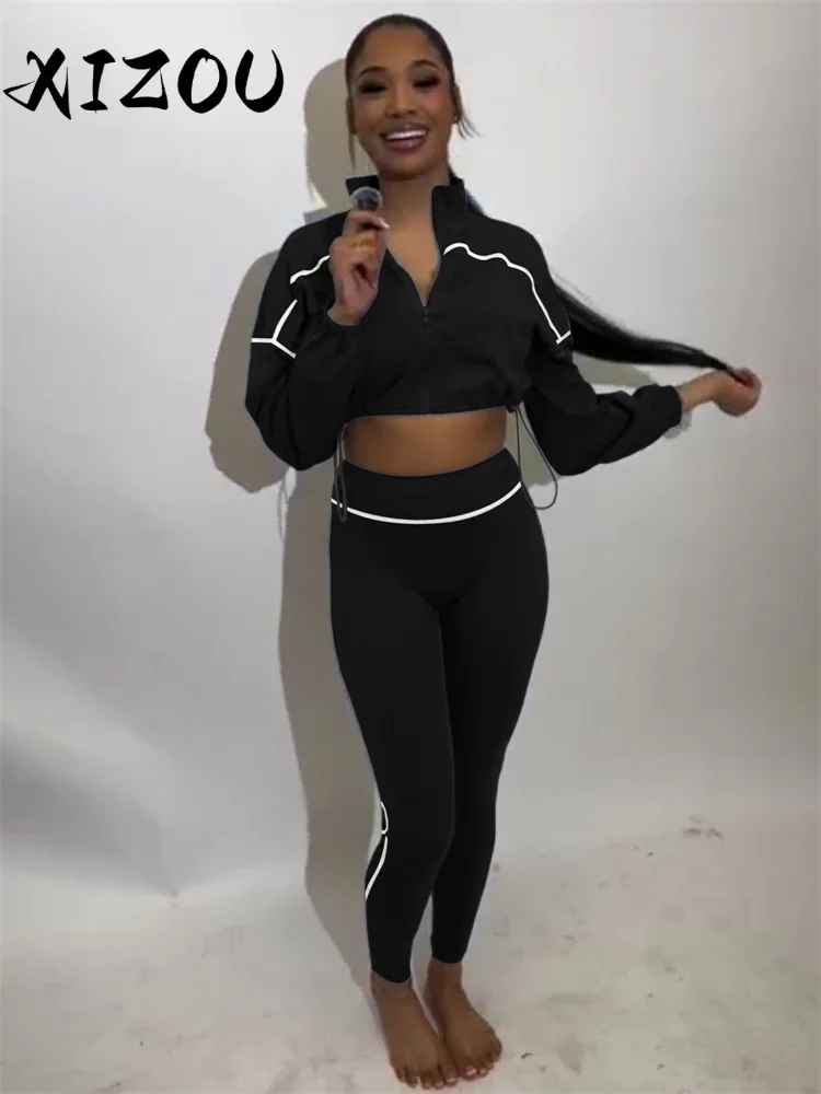

XIZOU Лоскутный комплект из 2 предметов, женский спортивный костюм на молнии с гофрированным подолом, укороченная куртка + эластичные леггинсы, повседневные повседневные уличные спортивные костюмы
