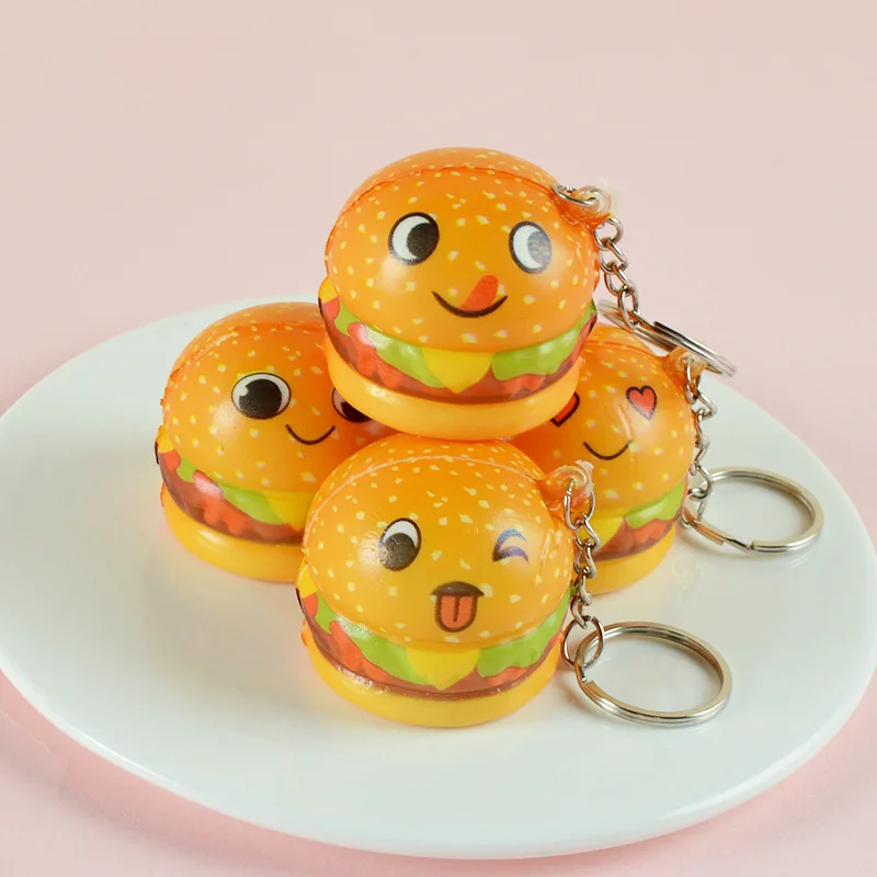 Cute Cartoon Hamburger Squeeze Toy Keychain para Crianças, Pingente Engraçado Criativo, Bebida Donut, Brinquedos Aliviar o Estresse, 5 Pcs