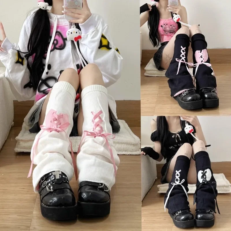 Calentadores de piernas de punto con lazo de corazón de amor dulce Y2k, gótico, Punk, Lolita, arco, Harajuku, uniforme japonés JK, cinta, calcetines