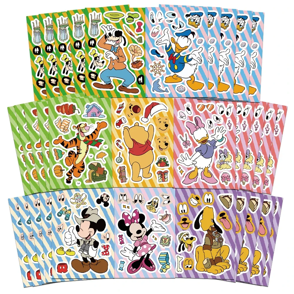 Disney-pegatinas de rompecabezas para niños, 8/16 hojas, Mickey, Minnie, Pato Donald, juguetes de ensamblar, juego divertido, regalo de fiesta