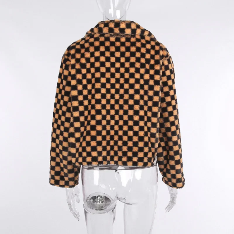 Orange Checkerboard Lapel Short Jacket Fluffy Faux Fur Plush Loose Coat Winter Dress Women Street Fashion Dress Retro Coat Women