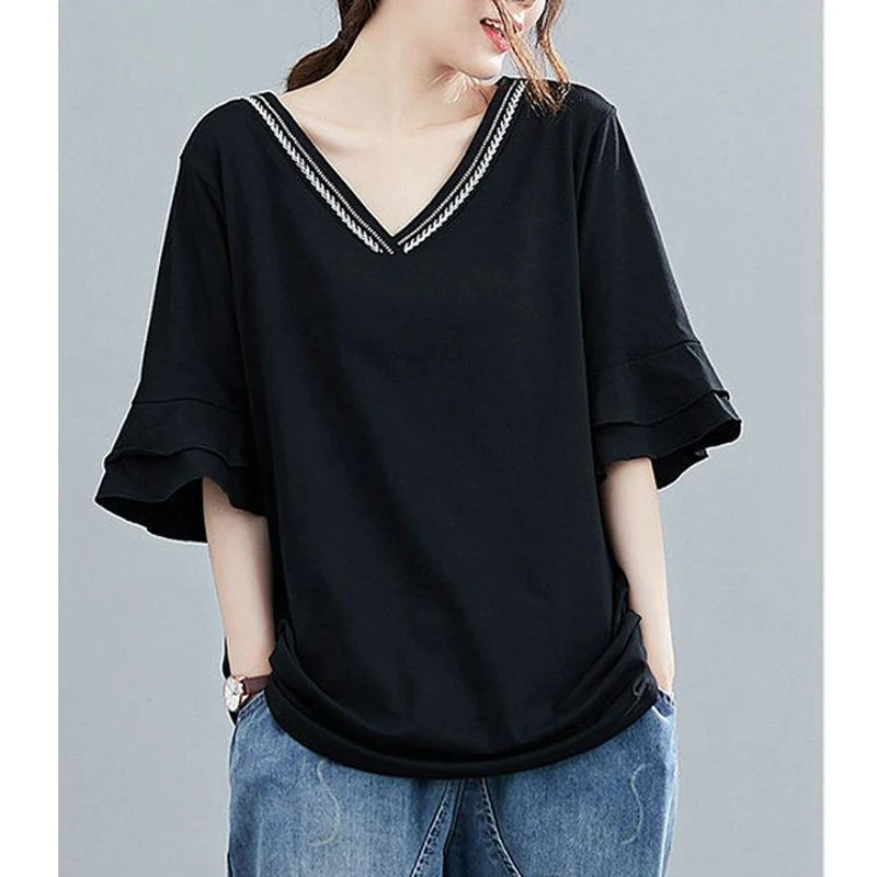 Embroidery V Neck Short Sleeve Black White Oversized Streetwear Tee T Shirts Femmes Summer Casual Tunic Tops for Women Clothing