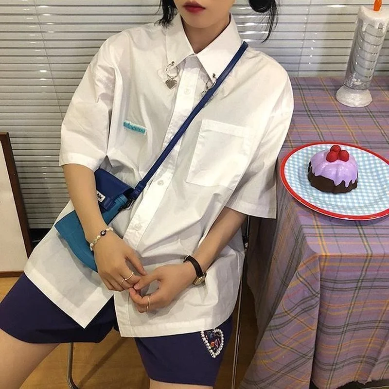 

Shirts Women Pure Simple Loose Fashion Tops Female Popular Teens Couple Daily New Pockets Clothes Casual All-match Ladies Trendy