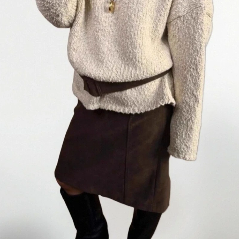 Deeptown Vintage Short Skirt Women Elegant Brown Harajuku Office Lady Wrap Skirt Y2k Sexy Retro Autumn Winter A-line Mini Skirts