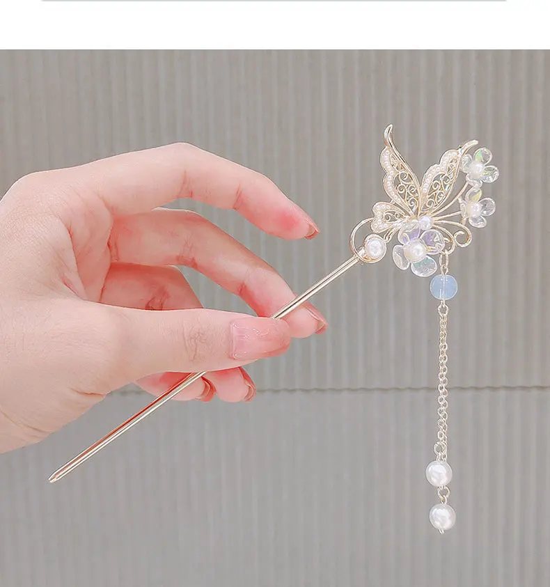 Schmetterlings-Temperament, alter Stil, schwankende Haarnadel, Quaste, Haarschmuck – Detail 4