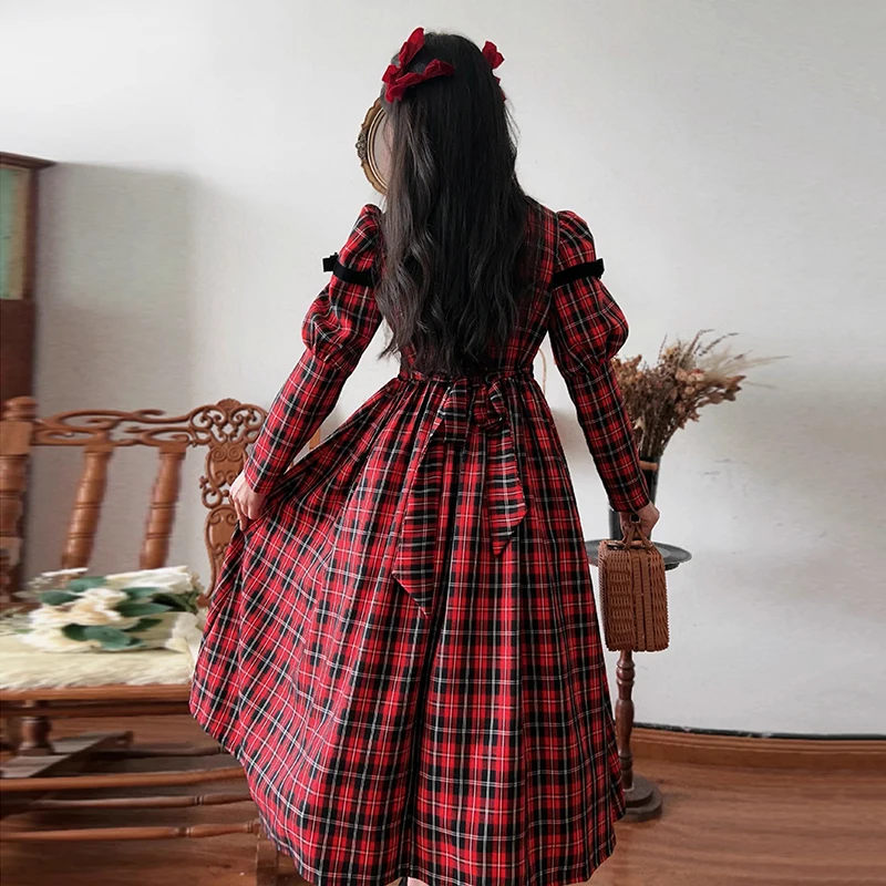 AnXin SH princess Retro French red checkered waist cinched palace style girl square long sleeve zipper customized evening dress