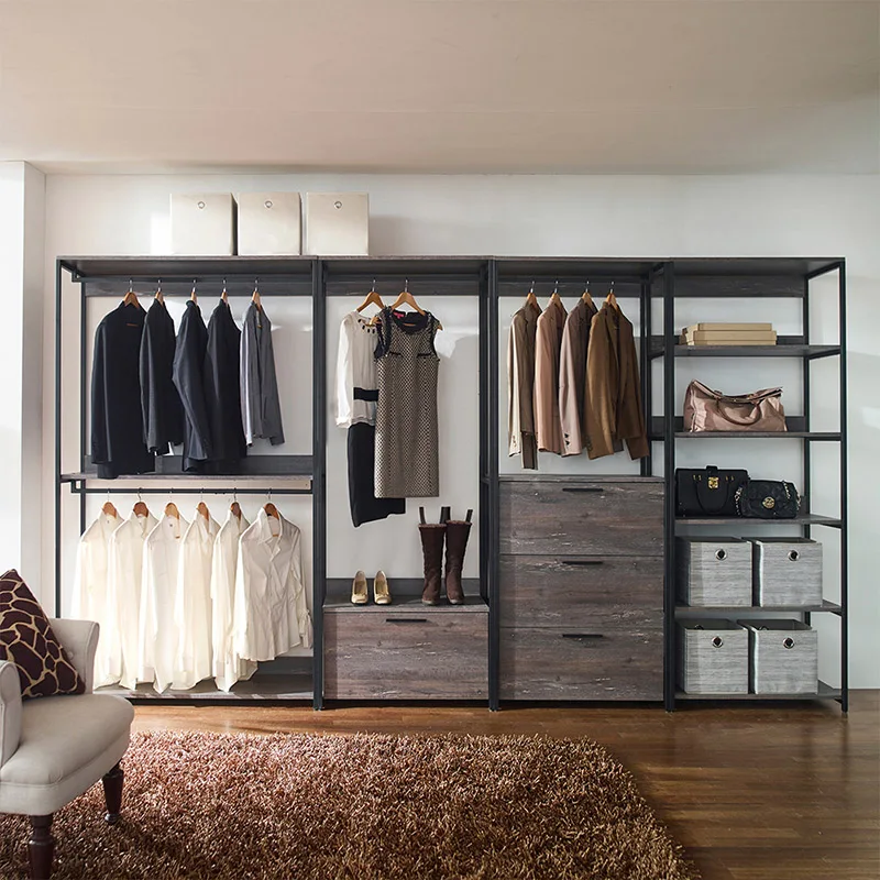 Monica Wood and Metal Walk-in Closet with Five Shelves in Rustic Gray