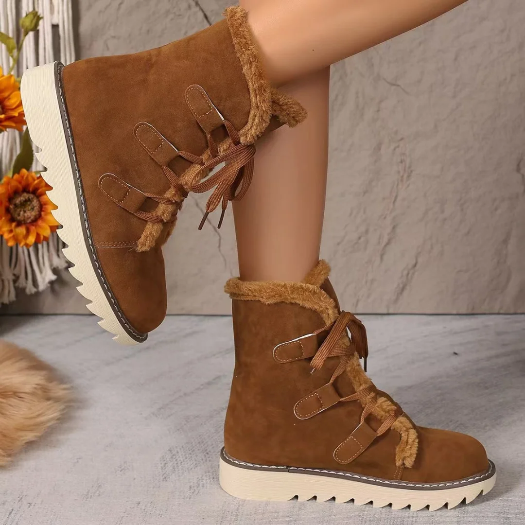 Winter High-top Round-toe Flat-soled Warm Snow Boots New Style Fashionable and Comfortable Lace-up Casual Large Size Short Boots