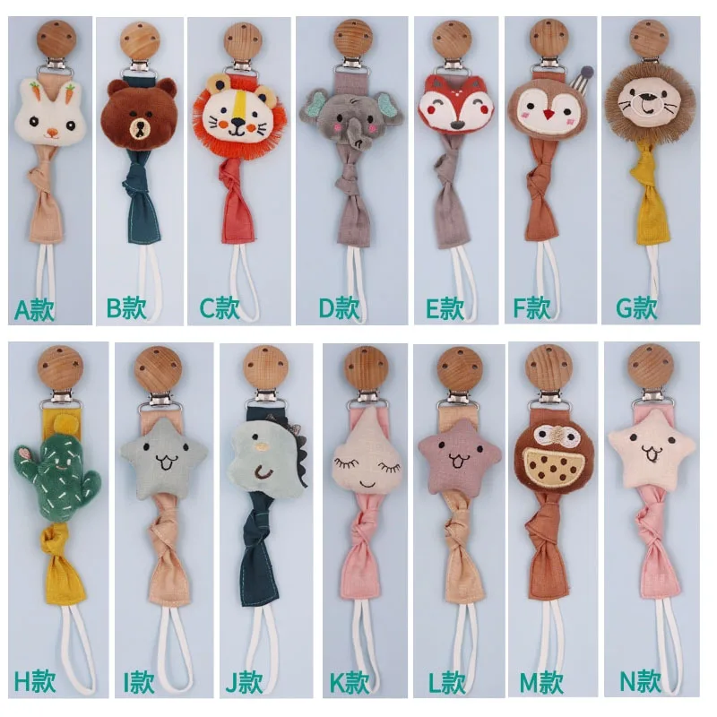 Dropshipping New Arrival Baby Linen Cotton Animal Wooden Pacifier Chain Nipple Soother Dummy Holder