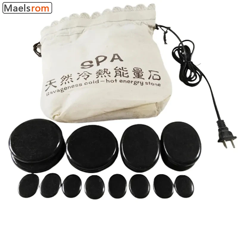 Massage Stone Warmer Set Portable Electric Heating Bag with 16 Pcs Basalt Massaging Rocks for Hot Stone Massage Relax Muscles