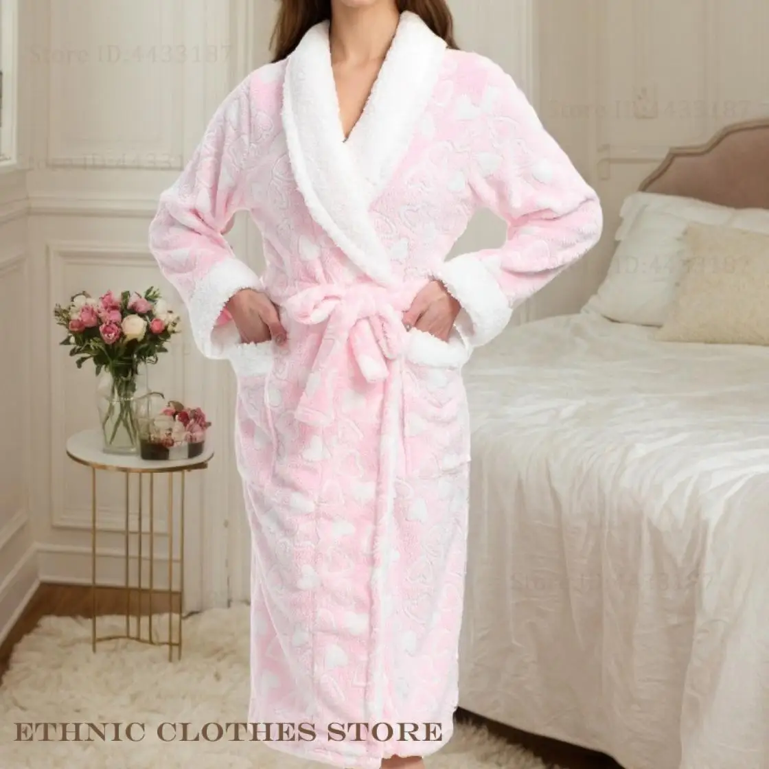 

Autumn Winter Coral Fleece Bathrobe Kimono Gown Women's Sleepwear Thicken Warm Flannel Robe Home Dress Loose Loungewear Pocket