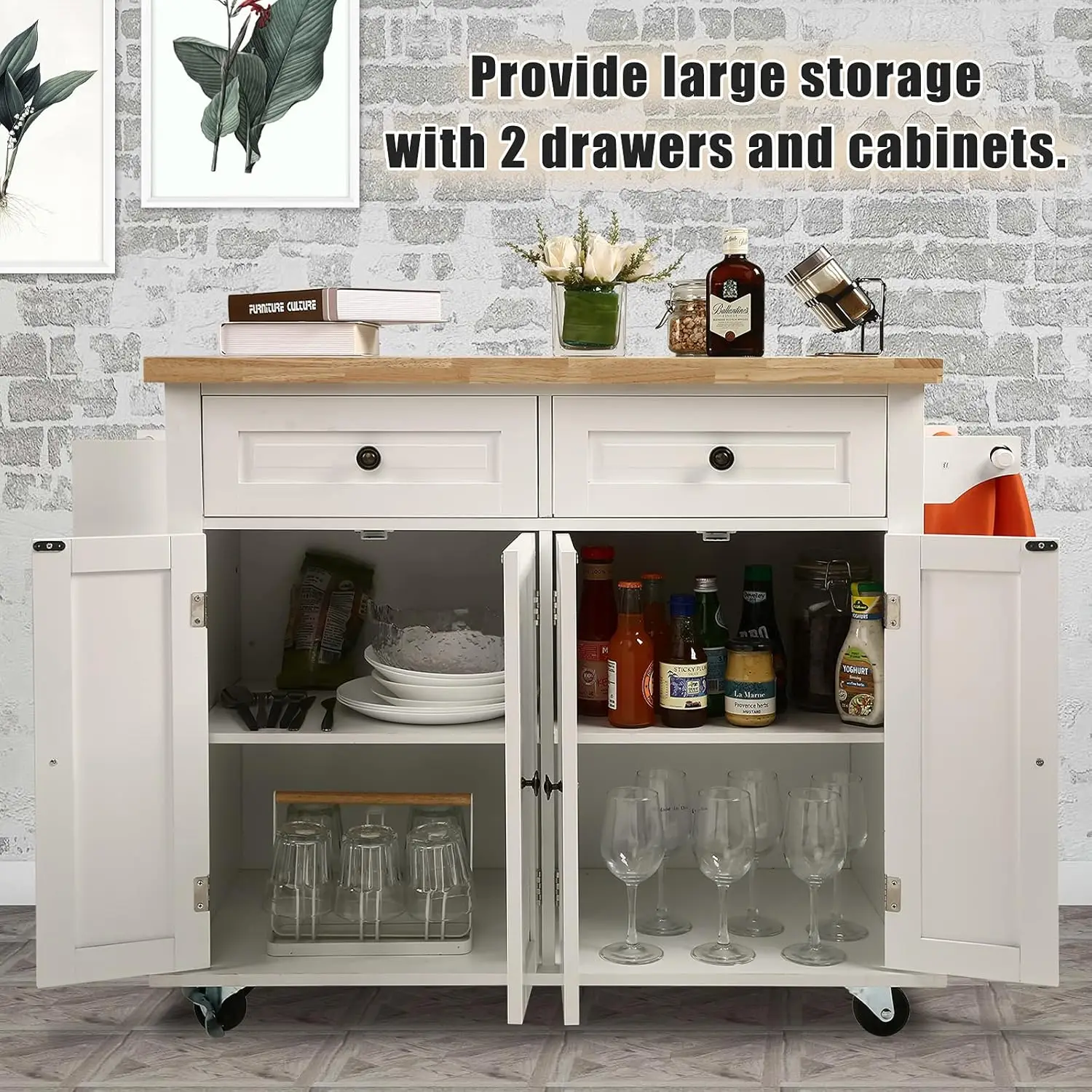 NSdirect Kitchen Island Cart,Kitchen Bar&Serving Cart Rolling on Wheels with Spice Rack Towel Holder Utility Storage Trolley