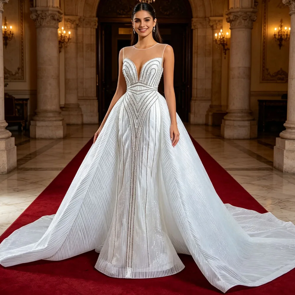 Stunning O Neck Sleeveless Lace Up Back Bridal Dress Crystal Beading Sequined Wedding Dress Customized