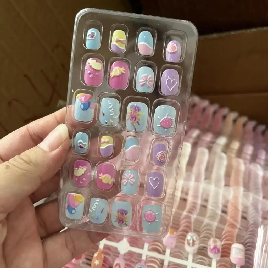 24Pcs 5D Relief Cartoon Girls Fake Nails Acrylic Full Cover Self-Adhesive False Nail Princess/Fairy/Candy/Cloud Press On Tips *T