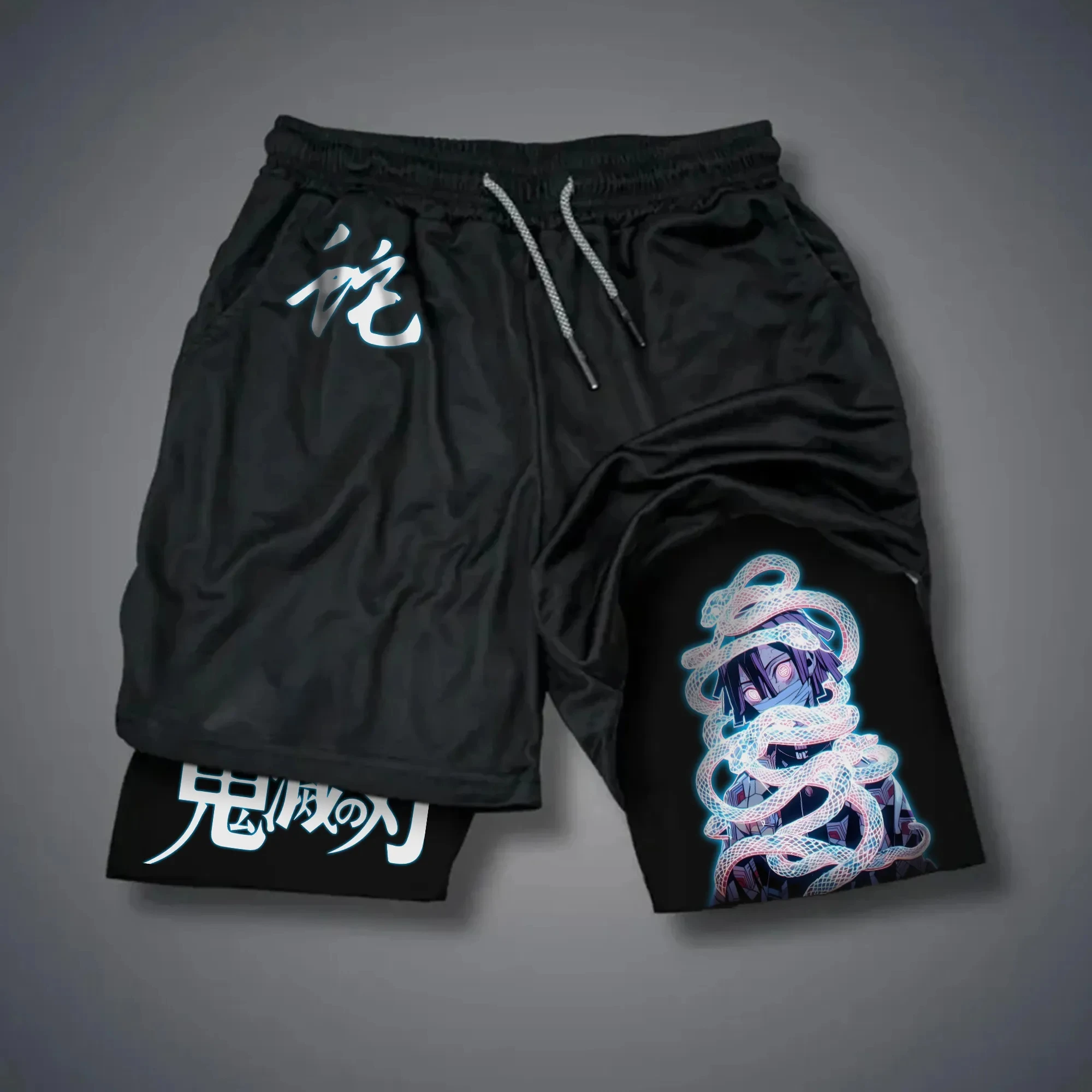 Nowe szorty z nadrukiem anime Demon Slayer, dwuwarstwowe, luźne i modne szorty sportowe na lato w stylu amerykańskim dla kobiet i mężczyzn.