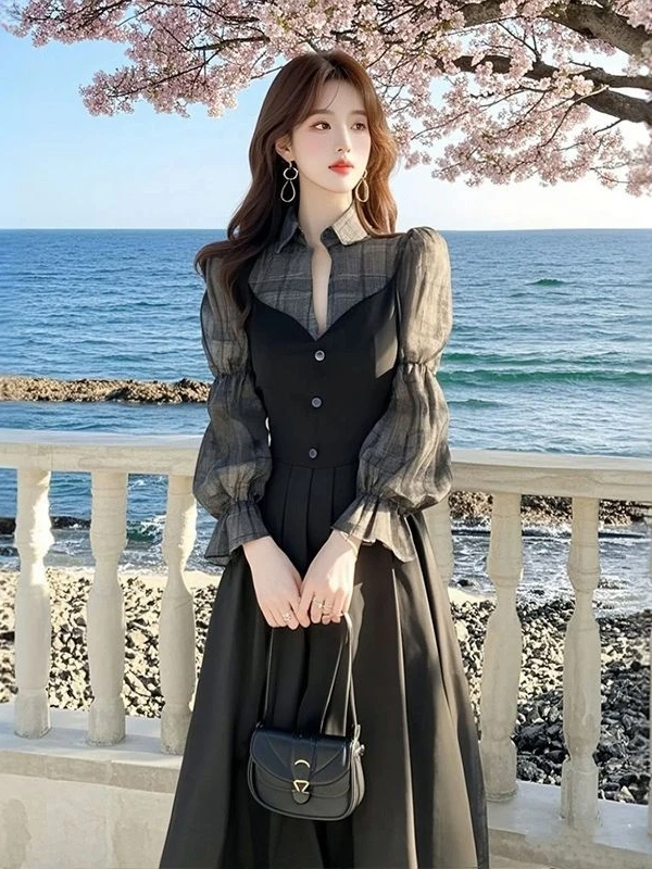 

Элегантное клетчатое платье, женское весеннее новое длинное платье трапециевидной формы с рукавами в Корейском стиле, с высокой талией и рукавами-фонариками