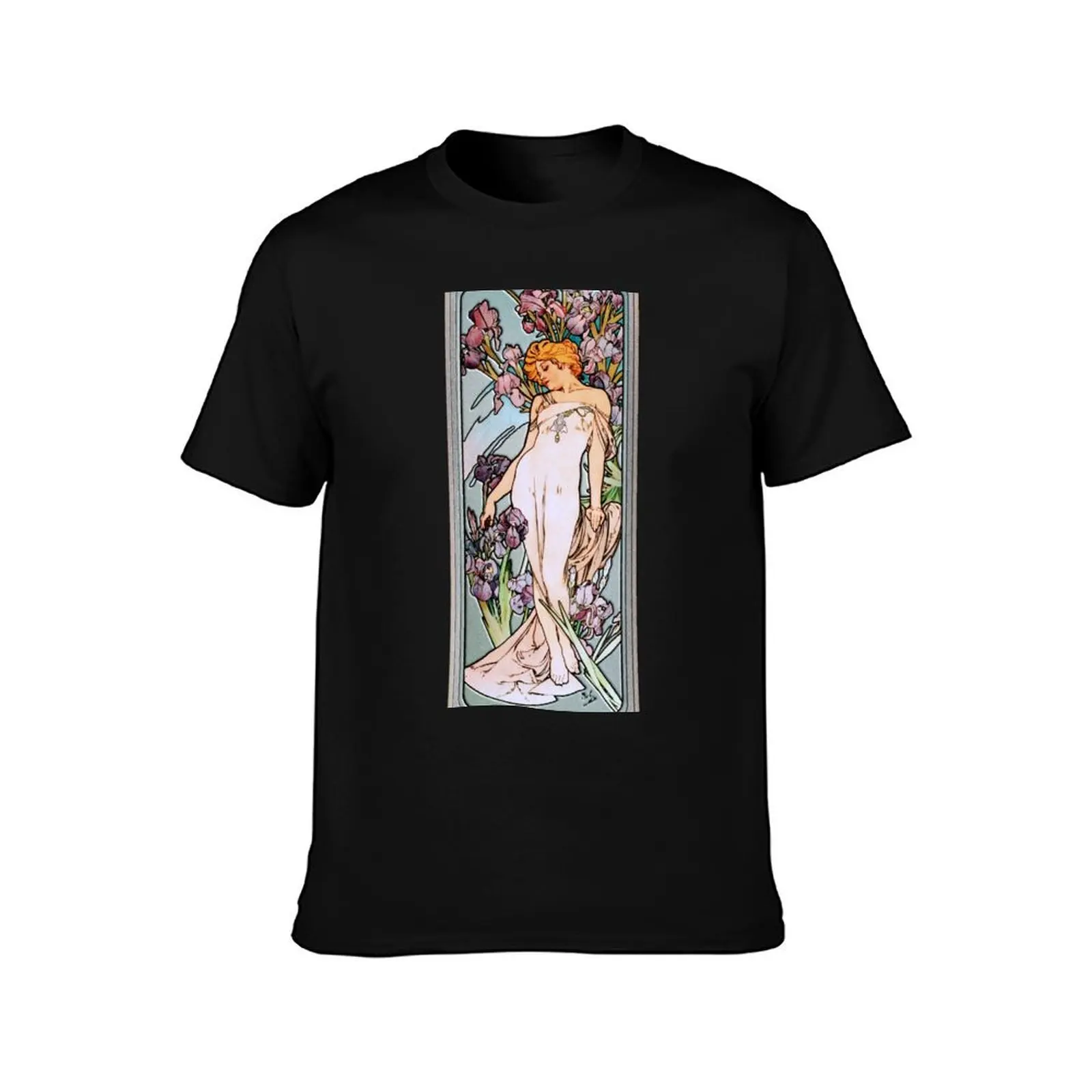 The Iris by Alphonse Mucha Art Nouveau Old Masters Reproductions T-Shirt Work Style Casual T-Shirt