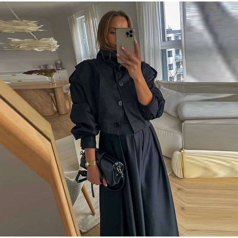 Revers-Langarm-Plissee-Kurzmäntel für Damen, Street-Style, mit Umlegekragen, Epauletten, einreihige Jacken, schicke Damen-Oberbekleidung, neu – Detail 11